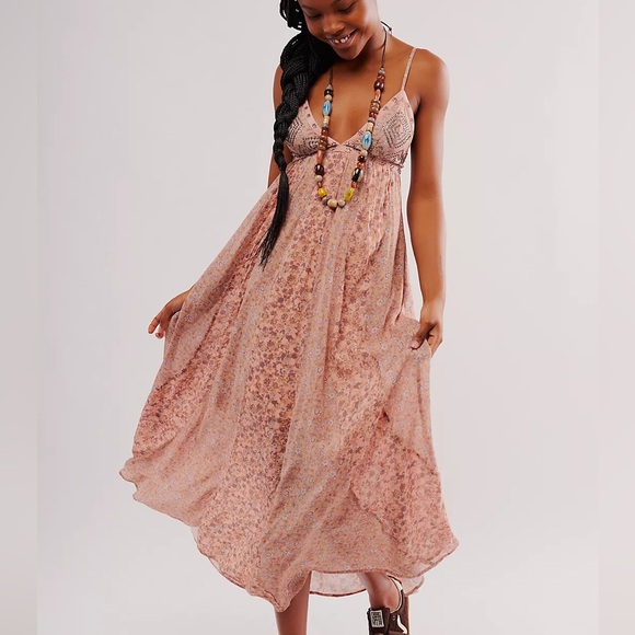 Free People Sequin Mauve Pink Forever Time Dusty Pink Combo V-Neck Maxi Dress